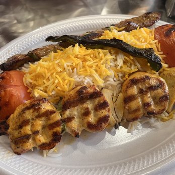 Cafe Saffron - Chicken Shish Combo, came with a small salad that isn't pictured. - Persian/Iranian Near Me - Norman, Oklahoma Cafe Saffron - Chicken Shish Combo, came with a small salad that isn't pictured. - Persian/Iranian Near Me - Norman, Oklahoma