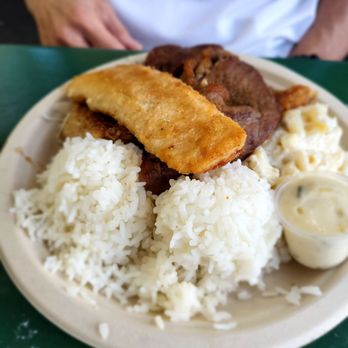 Rainbow Drive-In - Mixed plate with Mahi, chicken katsu and beef - Hawaiian Near Me - Honolulu, Hawaii Rainbow Drive-In - Mixed plate with Mahi, chicken katsu and beef - Hawaiian Near Me - Honolulu, Hawaii