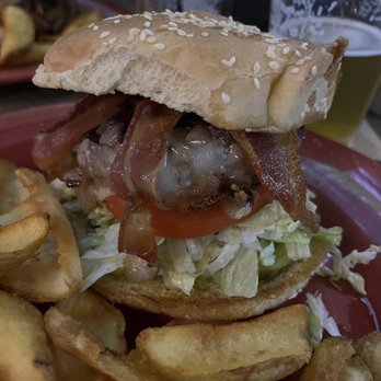 The End Zone - Swiss mushroom burger w bacon. - Burgers Near Me - Huntsville, Alabama The End Zone - Swiss mushroom burger w bacon. - Burgers Near Me - Huntsville, Alabama