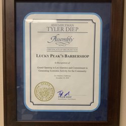 Lucky Peak’s Barbershop - Certificate of recognition for opening a new business in Los Alamitos !