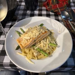 Salmon over fettuccine.