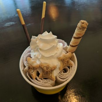 At Munchies - Taro rolled ice cream with Pocky, rolled cookie and "panda biscuits"...those are clearly Koalas! ;) - Ice Cream & Frozen Yogurt Near Me - Naperville, Illinois