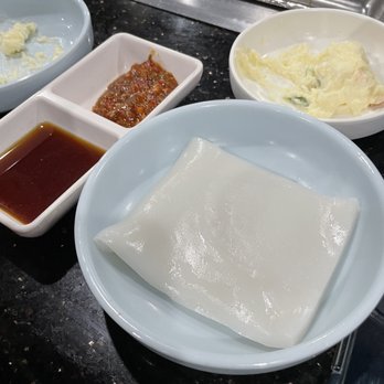 Cham Sut Gol BBQ - Rice paper and some potato salad. - Korean Near Me - Rowland Heights, California Cham Sut Gol BBQ - Rice paper and some potato salad. - Korean Near Me - Rowland Heights, California