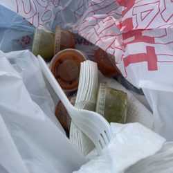 Albeto’s Taco Shop - 4 green 4 red which were incorrectly placed which I believe to be on purpose. I asked 9 green sauce.