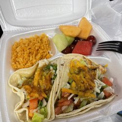 Fiesta de Frutas - Chicken tacos. Can sub beans w fruit