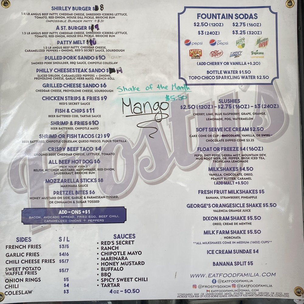Frosty's - Menu as of 6/5/2022 - Burgers Near Me - Dixon, California