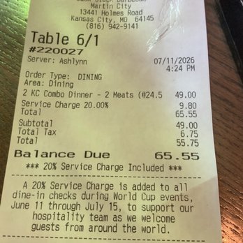 Jack Stack Barbecue - Martin City - Ticket showing the surcharge for the World Cup. It ended as of the next day they said. - Barbeque Near Me - Kansas City, Missouri Jack Stack Barbecue - Martin City - Ticket showing the surcharge for the World Cup. It ended as of the next day they said. - Barbeque Near Me - Kansas City, Missouri