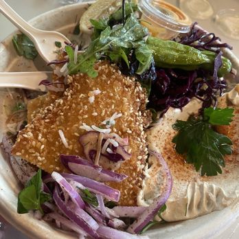Yalla Motek - Crispy sesame chicken bowl with Turkish rice, hummus, picked onions and greens - Middle Eastern Near Me - Aventura, Florida