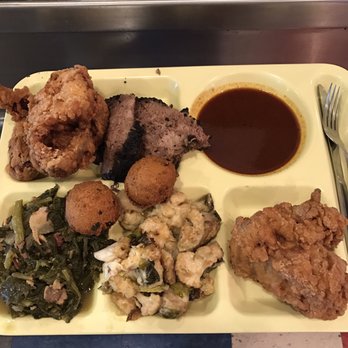 The Slow Bone - Two meat combo - brisket and fried chicken with greens and Brussel sprouts - Barbeque Near Me - Dallas, Texas