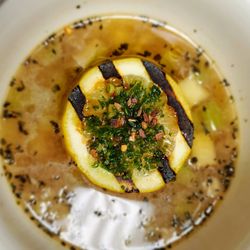 Mangia e Bevi - White fish soup, charred lemon, gremolata, Arborio rice