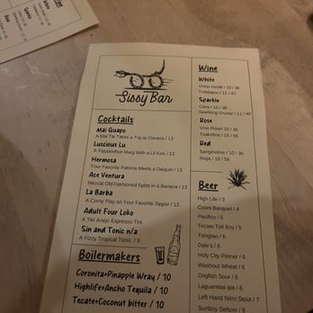 Sissy Bar - Drink menu - Burgers Near Me - North Charleston, South Carolina
