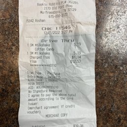the receipt for the restaurant