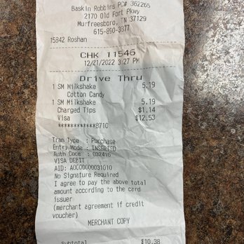 Baskin Robbins - the receipt for the restaurant - Ice Cream & Frozen Yogurt Near Me - Murfreesboro, Tennessee