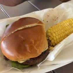 Rolling Smoke BBQ - Beef. Burger with corn