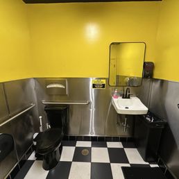 Single gender-neutral restroom; key needed from cashier