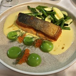 Macleay St Bistro - Salmon with Pea Puree, Salmon Roe and Asparagus