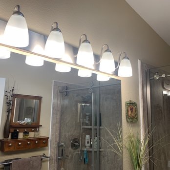 West Coast Mobile Home Improvement - Replaced old-style "dressing room" fixture with brushed nickel and frosted glass fixture. - Mobile Home Repair Near Me - Murrieta, California West Coast Mobile Home Improvement - Replaced old-style "dressing room" fixture with brushed nickel and frosted glass fixture. - Mobile Home Repair Near Me - Murrieta, California