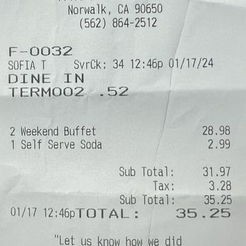 Shakey's Pizza Parlor - Receipt 01/17/24 is a Wednesday. Charged me weekend buffet. - Pizza Near Me - Norwalk, California Shakey's Pizza Parlor - Receipt 01/17/24 is a Wednesday. Charged me weekend buffet. - Pizza Near Me - Norwalk, California