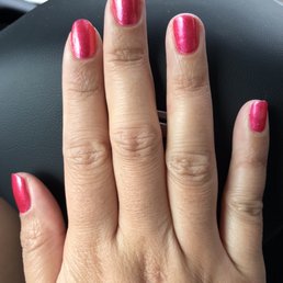 Cute colors, but cuticles trimmed too much and inconsistent filing.