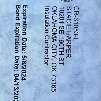 Harper's Insulation - Insulation Contractor License Issued by the City of Oklahoma City (exp 5/24-front) - Insulation Installation Near Me Harper's Insulation - Insulation Contractor License Issued by the City of Oklahoma City (exp 5/24-front) - Insulation Installation Near Me