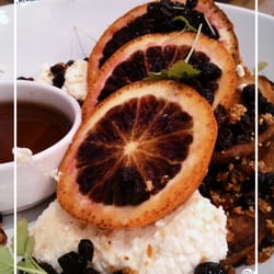 The Jam Pantry - Polenta batter pancakes (2), grilled blood orange, ricotta, praline sprinkle & a pot of maple syrup