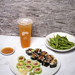 Mr. Wasabi - Wasabi Asian Bistro - Peach green tea from Kazami. Edamame, spider roll, and Naruto roll from Wasabi.
