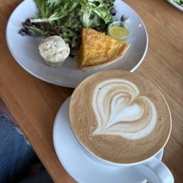 Cheese quiche & latte with almond milk and vanilla!   Latte, Quiche