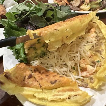 Pho Ban Mai - BANH XEO - Pan Fried Crepe filled with BEAN SPROUT , SHRIMPS , PORK with Chili Fish sauce as a dip . Delicious ! - Vietnamese Near Me - San Diego, California Pho Ban Mai - BANH XEO - Pan Fried Crepe filled with BEAN SPROUT , SHRIMPS , PORK with Chili Fish sauce as a dip . Delicious ! - Vietnamese Near Me - San Diego, California