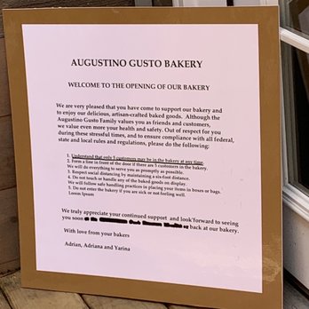 Augustino Gusto Bakery - Announcement at the door - Bakeries Near Me - Greensboro, North Carolina Augustino Gusto Bakery - Announcement at the door - Bakeries Near Me - Greensboro, North Carolina