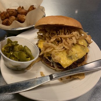 Society Burger - Okie Burger with jalapeño tots and candied jalapeños on the side. - Burgers Near Me - Tulsa, Oklahoma Society Burger - Okie Burger with jalapeño tots and candied jalapeños on the side. - Burgers Near Me - Tulsa, Oklahoma