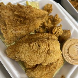 2 piece combo fish & oysters with greens & mac & cheese. 2 piece combo fish & oysters with greens & mac & cheese.