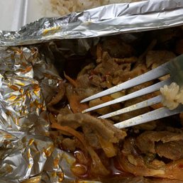Thin "spicy pork" that was actually sweet and BURNT CABBAGE FRIED CRAP!! Not even real yakimandu Thin "spicy pork" that was actually sweet and BURNT CABBAGE FRIED CRAP!! Not even real yakimandu