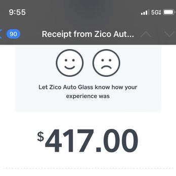 Zico Auto Glass - Receipt for proof of going through this company for my windshield replacement - Auto Glass Services Near Me - San Diego , California