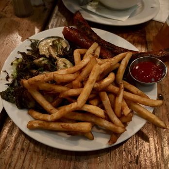 Rasselbock Kitchen & Beer Garden - Hungarian Debreziner and Kasekrainer with Brussels Sprouts and German Fries - German Near Me - Long Beach, California Rasselbock Kitchen & Beer Garden - Hungarian Debreziner and Kasekrainer with Brussels Sprouts and German Fries - German Near Me - Long Beach, California