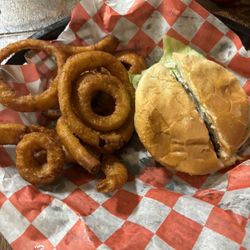 The Roundup Bar and Grill - Burger with onion rings
