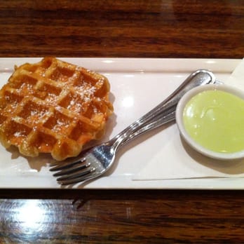 Medina Cafe - Waffle ($3) White chocolate pistachio rose water sauce ($1) - Breakfast & Brunch Near Me - Vancouver, British Columbia