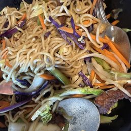 Overcooked beef lo Mein with undercooked veggies and missing other staple ingredients. So awful. Overcooked beef lo Mein with undercooked veggies and missing other staple ingredients. So awful.