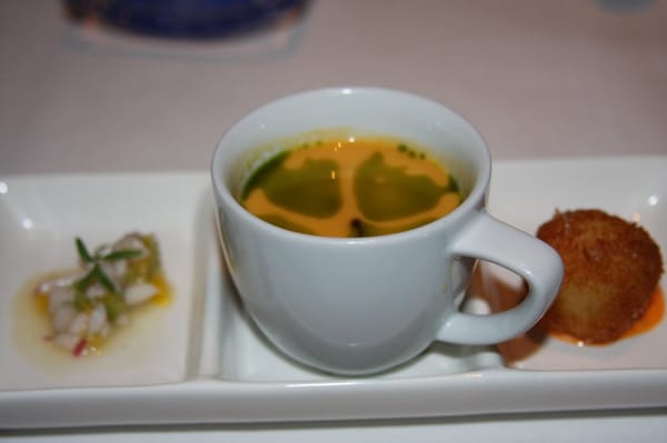 Photo of Aqua - San Francisco, CA, US. shrimp ceviche, "tomato soup", smoked salmon arroncini