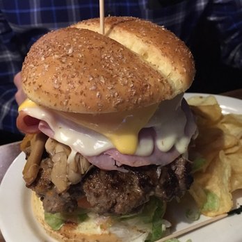 The Thurman Cafe - Bacon, mushrooms, two types of cheese and the usual hamburger fixings topped this burger! - Bars Near Me - Columbus, Ohio The Thurman Cafe - Bacon, mushrooms, two types of cheese and the usual hamburger fixings topped this burger! - Bars Near Me - Columbus, Ohio