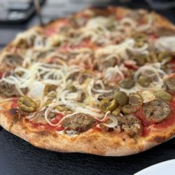 Black Sheep Coal Fired Pizza - #5 Fennel Sausage, Hot Salami, Onion & Cracked Green Olives