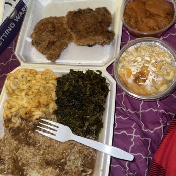 Seasoned with Soul - 1meat 3 sides  Pork Chop Side Mac & Cheese Candy Yams Collards Rice & Gravy Roll - Soul Food Near Me - Columbia, South Carolina