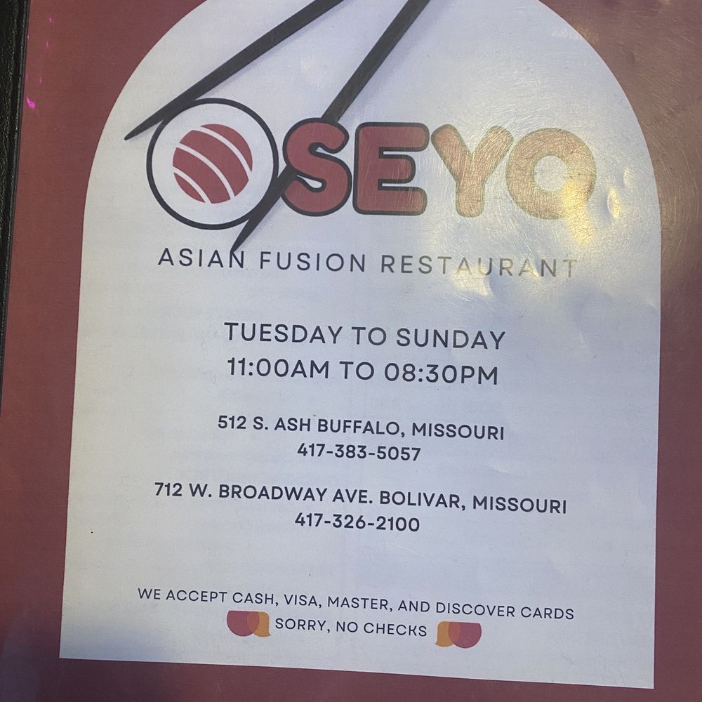 Oseyo - Front of menu - Asian Fusion Near Me - Bolivar, Missouri Oseyo - Front of menu - Asian Fusion Near Me - Bolivar, Missouri