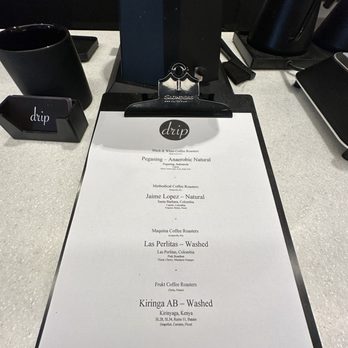Drip Coffee Makers - a menu on a clipboard - Coffee & Tea Near Me - Soho, New York