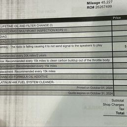 This $1818.65 list shows what Lokey Kia wanted to charge me for things they said my car needed when I went in for my free oil change.
