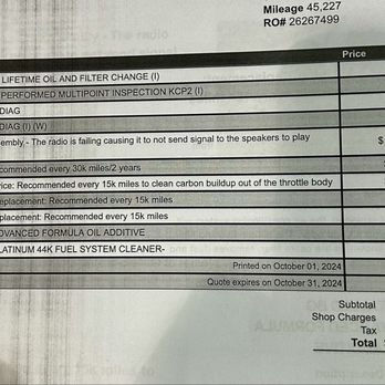 Lokey Kia - This $1818.65 list shows what Lokey Kia wanted to charge me for things they said my car needed when I went in for my free oil change. - Car Dealers Near Me - Clearwater, Florida