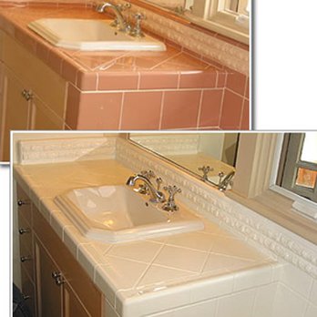 Sharp Refinishing - Tiled bathroom countertops before and after refinishing. - Refinishing Services Near Me Sharp Refinishing - Tiled bathroom countertops before and after refinishing. - Refinishing Services Near Me