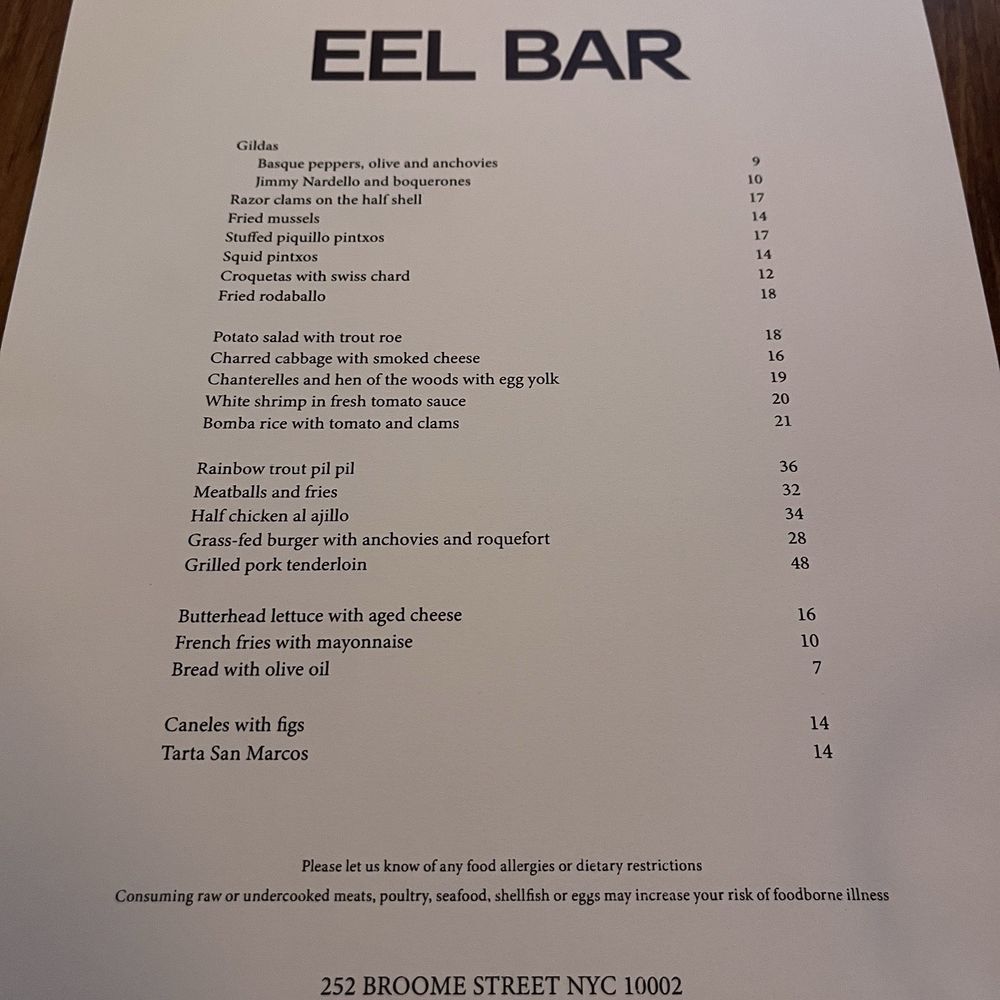 Eel Bar - Menu (11/1/2024) - Basque Near Me - New York, New York