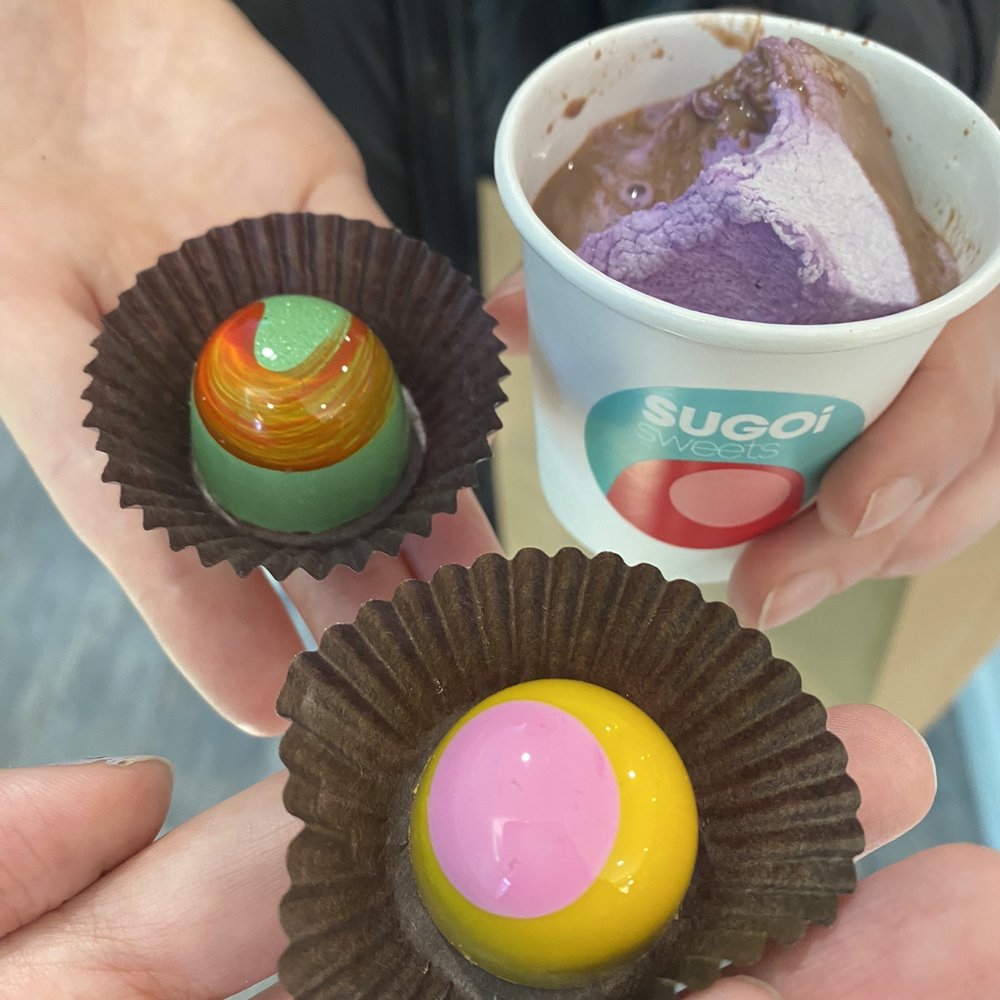 Sugoi Sweets - Cotton candy bonbon, coconut almond bonbon, hot chocolate with Ube marshmallow - Chocolatiers & Shops Near Me - Chicago, Illinois