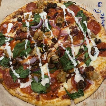 Blaze Pizza - Mozzarella pepperoni bacon sausage onions spinach and black olives - Salad Near Me - Laurel, Maryland Blaze Pizza - Mozzarella pepperoni bacon sausage onions spinach and black olives - Salad Near Me - Laurel, Maryland