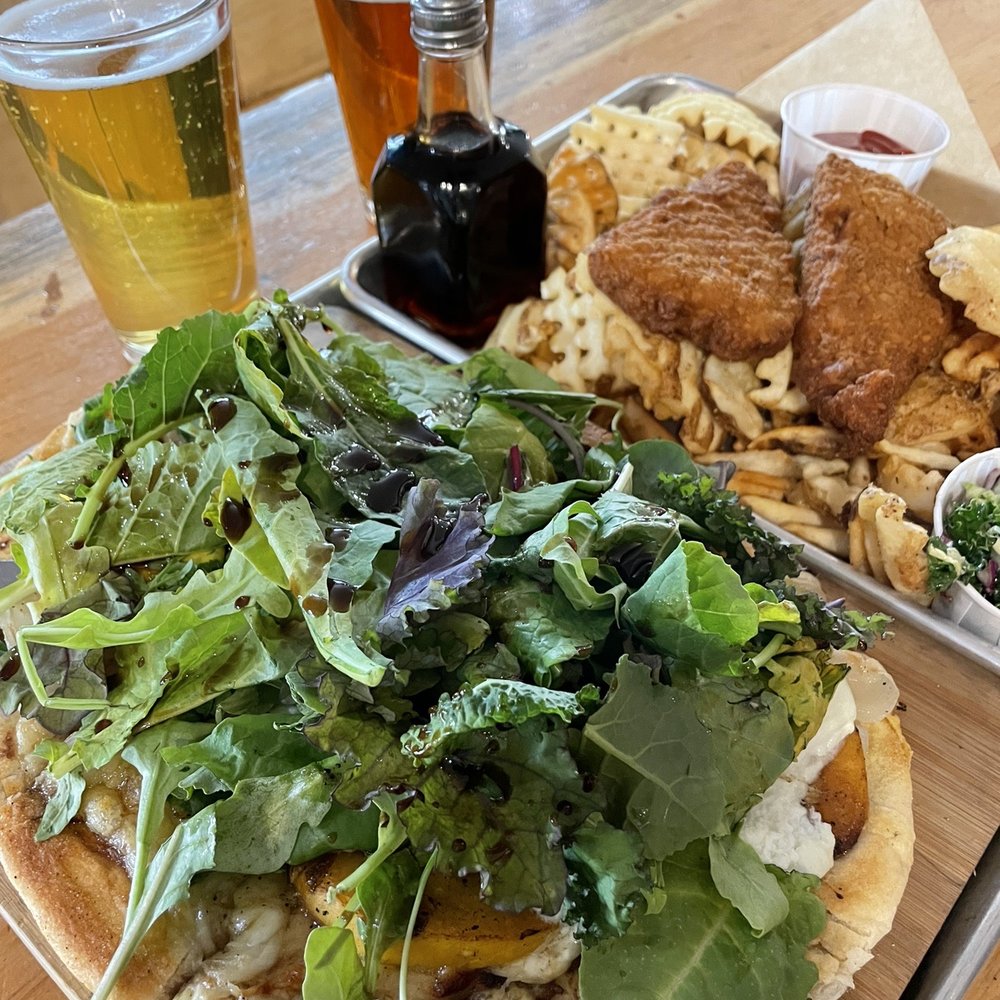 Mammoth Brewing - Grilled Peach and Goat Cheese Flatbread and GBD Cod and Chips - Breweries Near Me - Mammoth Lakes, California Mammoth Brewing - Grilled Peach and Goat Cheese Flatbread and GBD Cod and Chips - Breweries Near Me - Mammoth Lakes, California